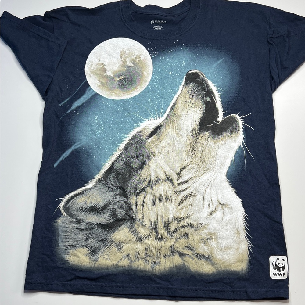 Bioworld boys shirt‎ Wolf Howling spirit animal retro cotton Tee Navy 12